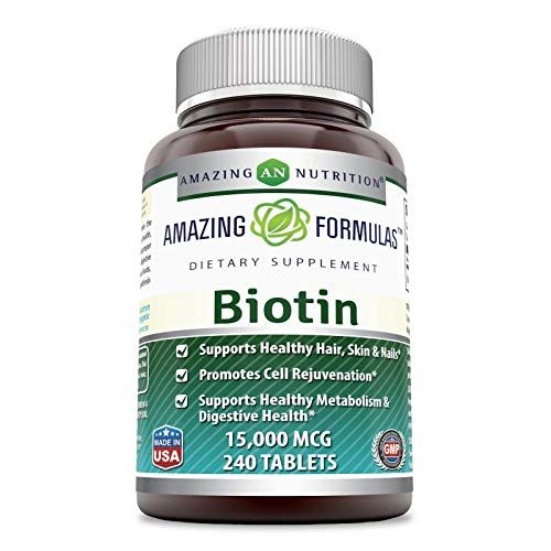 Amazing Formulas Biotin 15000 mcg - Supports Healthy Hair, Skin Nails - Promotes Cell Rejuvenation - Supports Healthy Metabolism Digestive Health (240 Tablets) (Non GMO-Gluten Free)