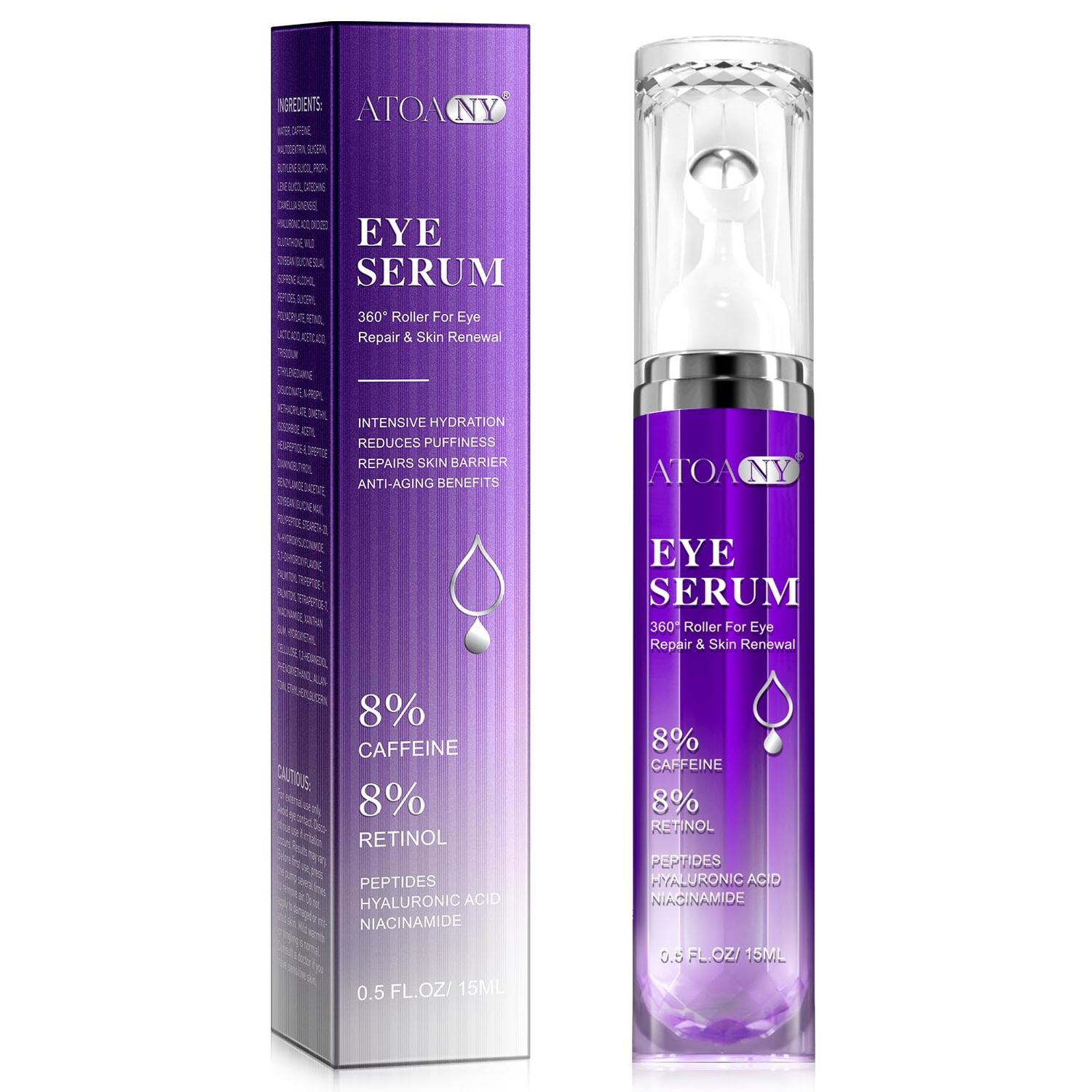 Advanced Eye Serum-8 Caffeine 8 Retinol,Eye Treatment Cream for Dark Circles Under,Anti Aging Eye Serum with 360 Massage Roller for Eye Massage Ball-0.5 fl.oz