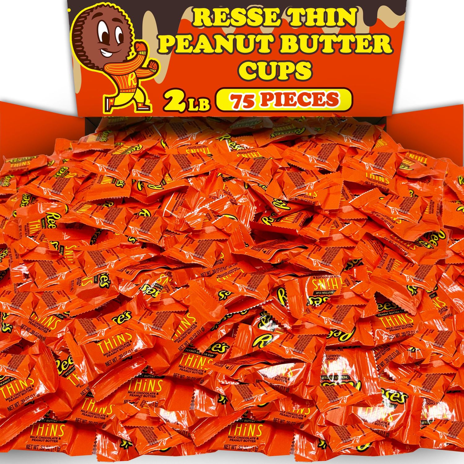 Reeces Thins Milk Chocolate Peanut Butter Cups, Bulk 2 Lbs Individually Wrapped Snack Size Cups, Candy Party Pack for Snacking, Party Favors and Desserts, Appx 75 Pc