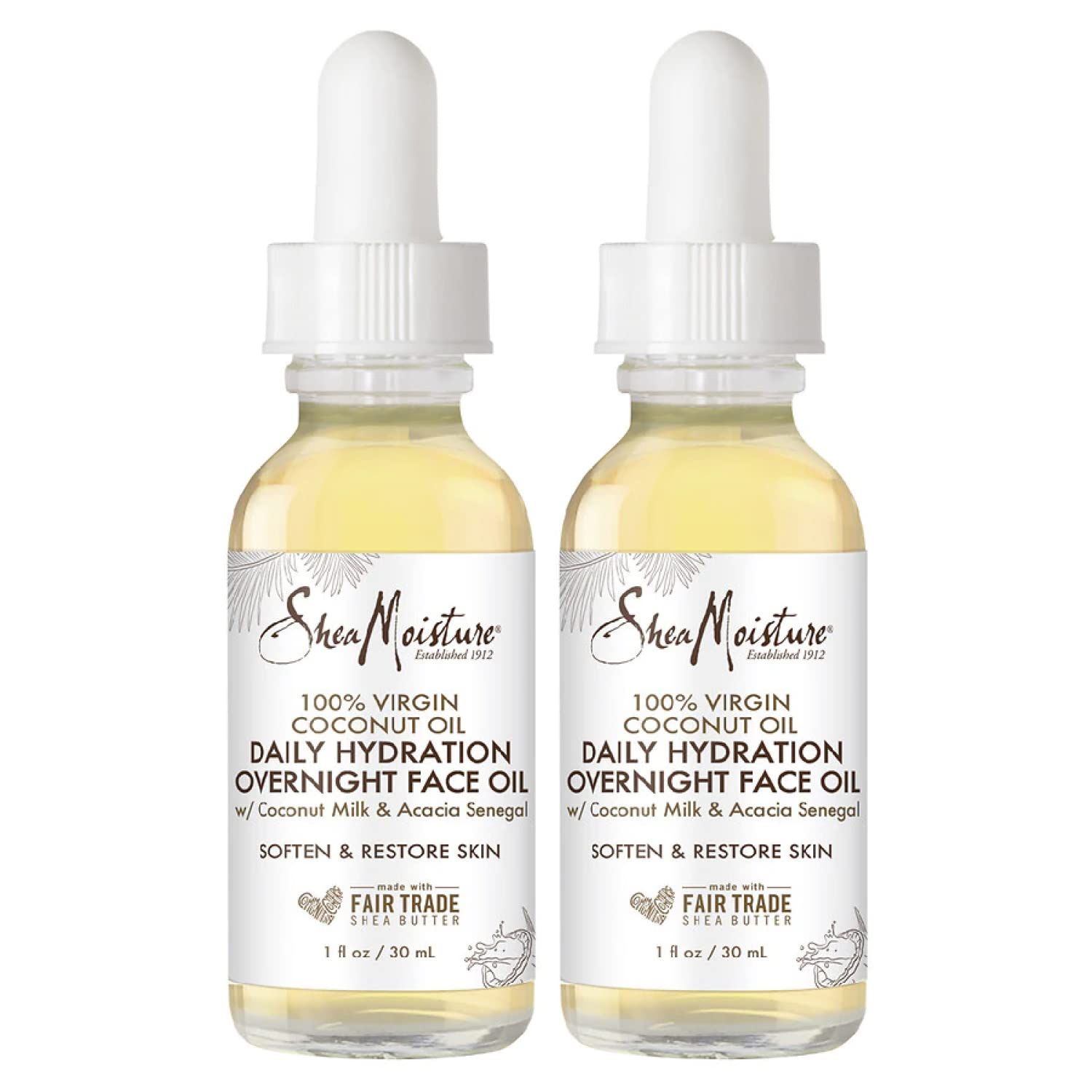 SheaMoisture Coconut Oil for Face - Daily Hydration Overnight Face Oil with Coconut Milk Acacia Senegal, Argan Oil for Skin, Organic Shea Butter, Hydrating Face Oil, Vitamin E, 1 Oz (Pack of 2)