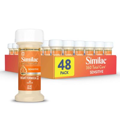 Similac 360 Total Care Sensitive Infant Formula for Fussiness Gas Due to Lactose Sensitivity, Has 5 HMO Prebiotics, Non-GMO, Baby Formula, Ready to Feed, 2-fl-oz Bottle, Pack of 48