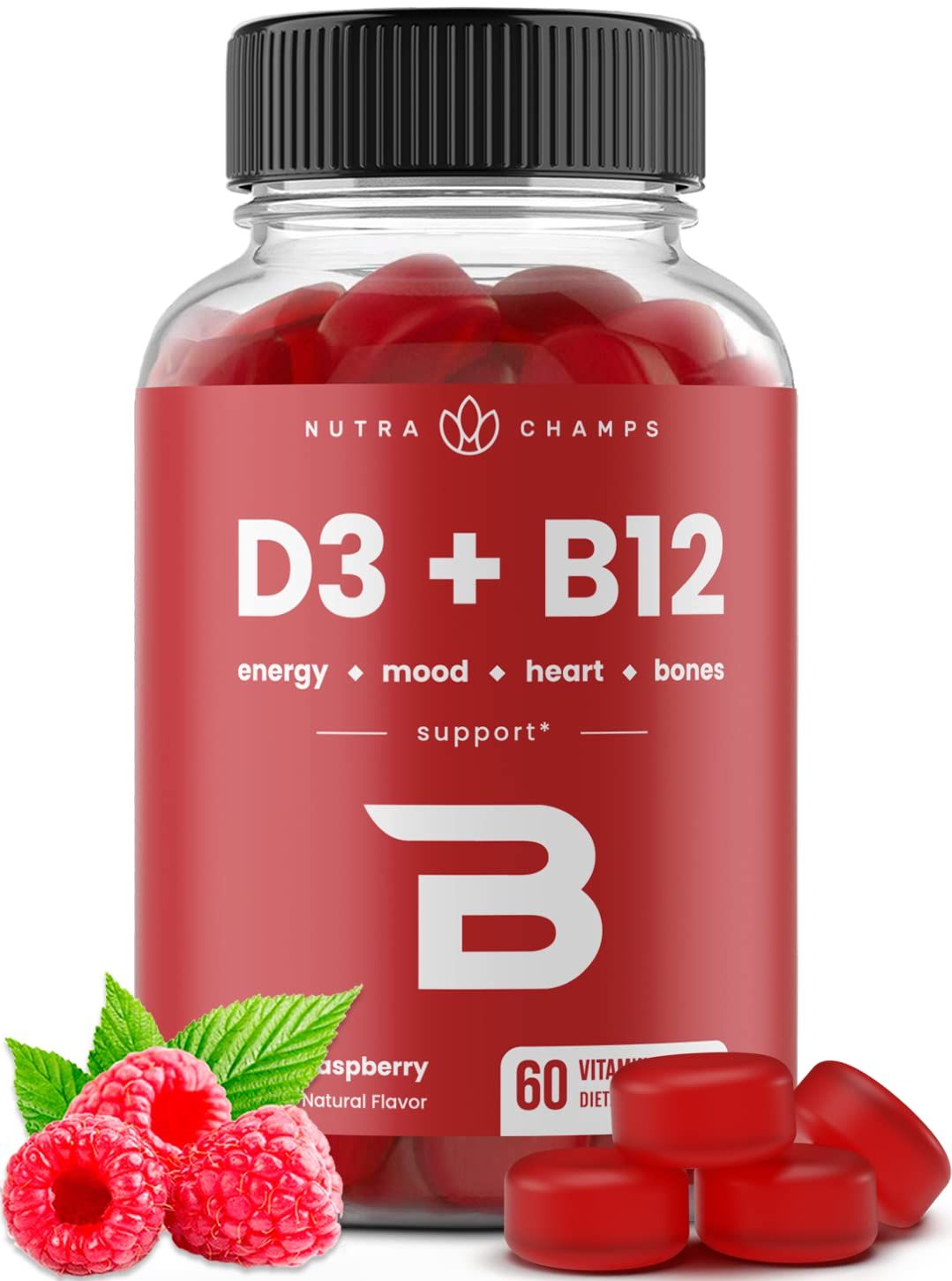 NutraChamps Vitamin D3 B12, Methyl B12 Gummies for Adults Kids, Enhanced with Vitamin D 3 B9 Vitamin Folate, Natural Energy, Mood, Metabolism Focus, Raspberry, 60 Gummies
