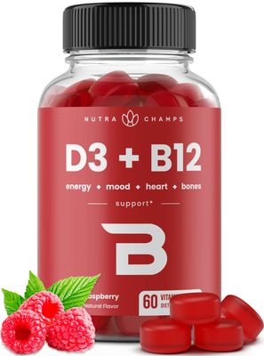 NutraChamps Vitamin D3 B12, Methyl B12 Gummies for Adults Kids, Enhanced with Vitamin D 3 B9 Vitamin Folate, Natural Energy, Mood, Metabolism Focus, Raspberry, 60 Gummies