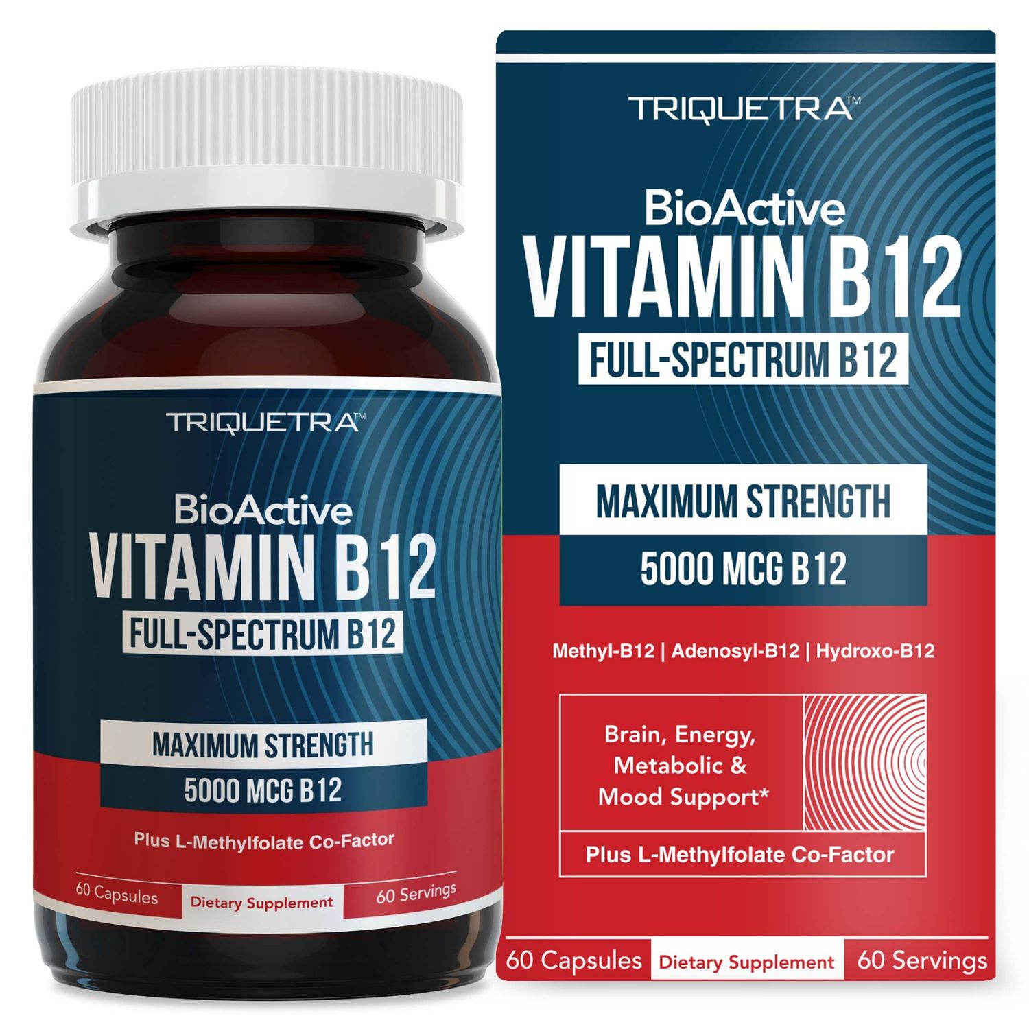 BioActive Vitamin B12 - 5000 mcg, Contains 3 BioActive B12 Forms Plus Methylfolate Cofactor - Methyl B12, Adenosyl B12 Hydroxy B12 Supports Energy, Metabolism Mood Vegan, Non-GMO (60 Servings)