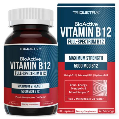 BioActive Vitamin B12 - 5000 mcg, Contains 3 BioActive B12 Forms Plus Methylfolate Cofactor - Methyl B12, Adenosyl B12 Hydroxy B12 Supports Energy, Metabolism Mood Vegan, Non-GMO (60 Servings)