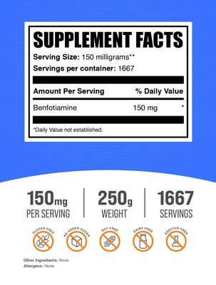 BulkSupplements.com Benfotiamine Powder - Thiamine B1 Supplement, Benfotiamine Supplement - Benfotiamine 150mg, Gluten Free - 150mg per Serving, 250g (8.8 oz) (Pack of 1)