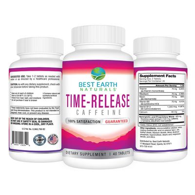 Best Earth Naturals Time Release Caffeine with L-Tyrosine, Vitamin B6, Vitamin B12, Thiamin More - Energy Supplement for Women and Men - 40 Count