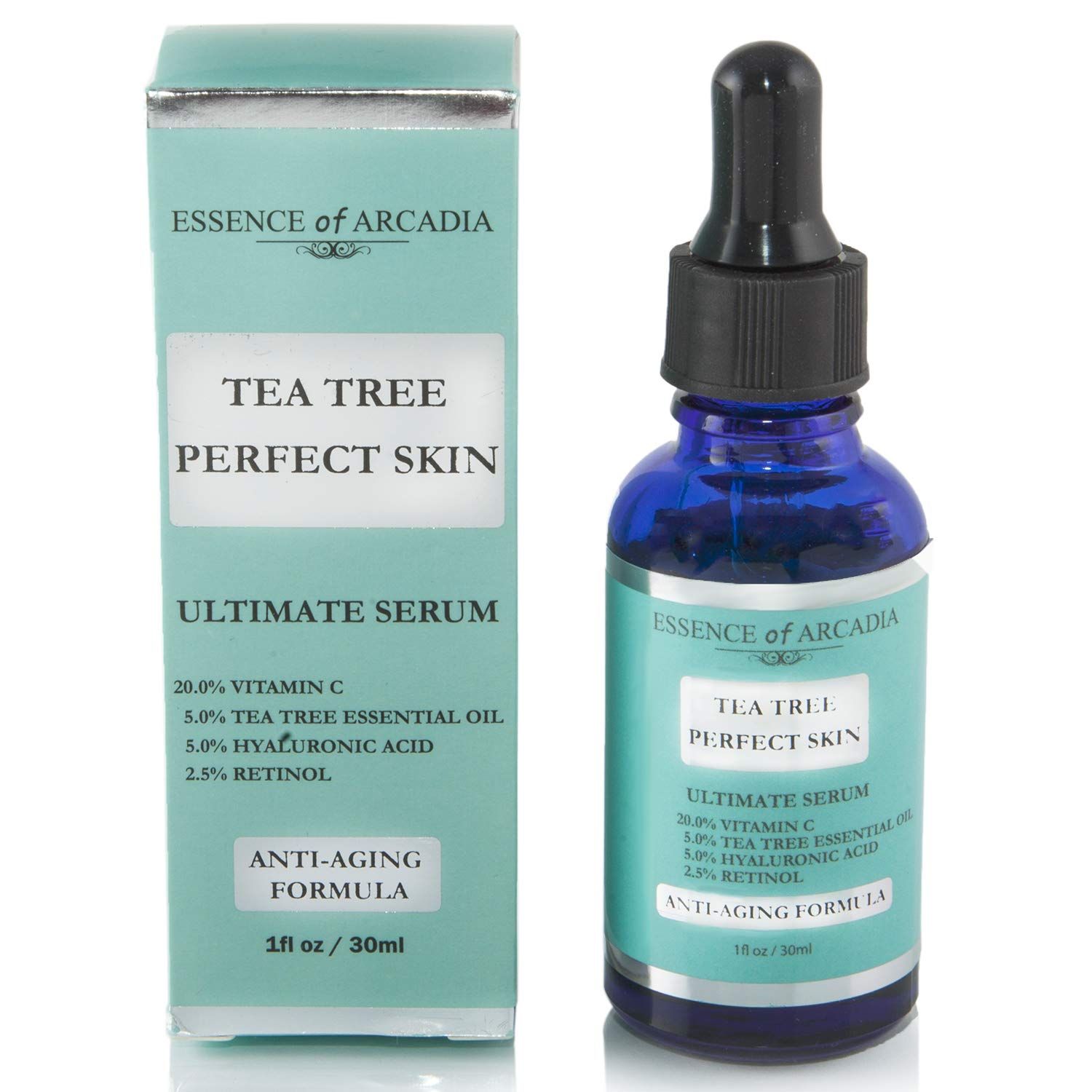 Tea Tree Perfect Skin Facial Serum, Ultimate Anti-Aging Formula for Acne-Prone Skin with 20 Vitamin C, Tea Tree Essential Oil, Retinol and Hyaluronic Acid for Clear, Soft, Radiant Skin.