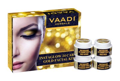 Facial Kit - Gold Facial Kit with 24 Carat Gold Leaves, Marigold Wheatgerm Oil, Lemon Peel Extract - ALL Natural - Suitable for All Skin Unisex 70 Grams - Vaadi Herbals