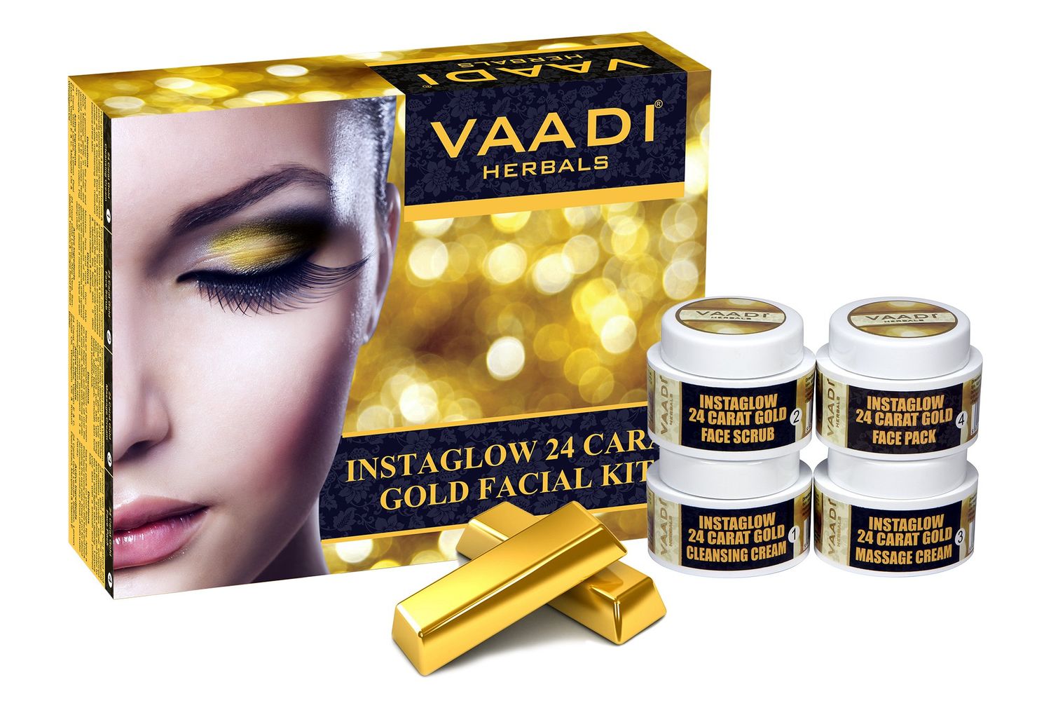 Facial Kit - Gold Facial Kit with 24 Carat Gold Leaves, Marigold Wheatgerm Oil, Lemon Peel Extract - ALL Natural - Suitable for All Skin Unisex 70 Grams - Vaadi Herbals