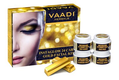 Facial Kit - Gold Facial Kit with 24 Carat Gold Leaves, Marigold Wheatgerm Oil, Lemon Peel Extract - ALL Natural - Suitable for All Skin Unisex 70 Grams - Vaadi Herbals
