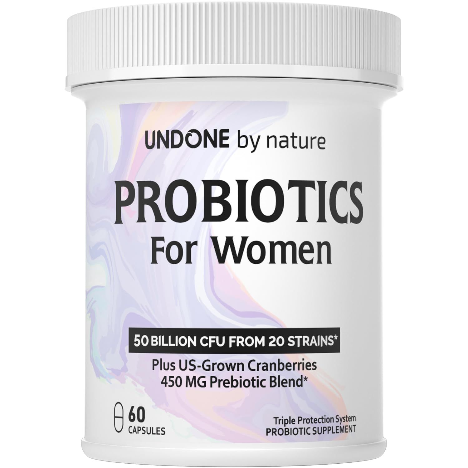 Undone By Nature Probiotic for Women, 50 Billion CFU Women&#39;s Probiotics with Prebiotics, Plus US-Grown Cranberry, GI Support, Women&#39;s Health, Triple Protection System, Delayed Release, 60 Capsules