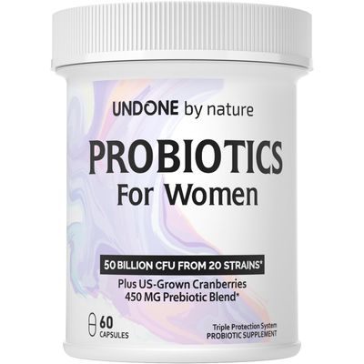 Undone By Nature Probiotic for Women, 50 Billion CFU Women&#39;s Probiotics with Prebiotics, Plus US-Grown Cranberry, GI Support, Women&#39;s Health, Triple Protection System, Delayed Release, 60 Capsules