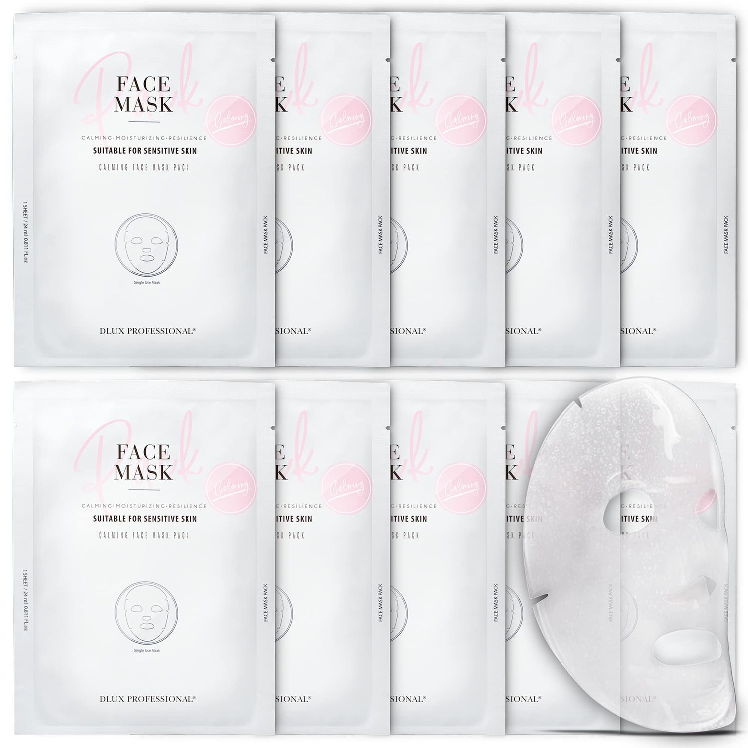 DLUX PROFESSIONAL Calming Face Mask Pack - 10 Pcs Calm Irritated Skin, Treats Dry and Dull Skin, Natural Radiance, Antioxidant Effects, Revitalize the Skin, Skin Repair Mask, Anti-Aging