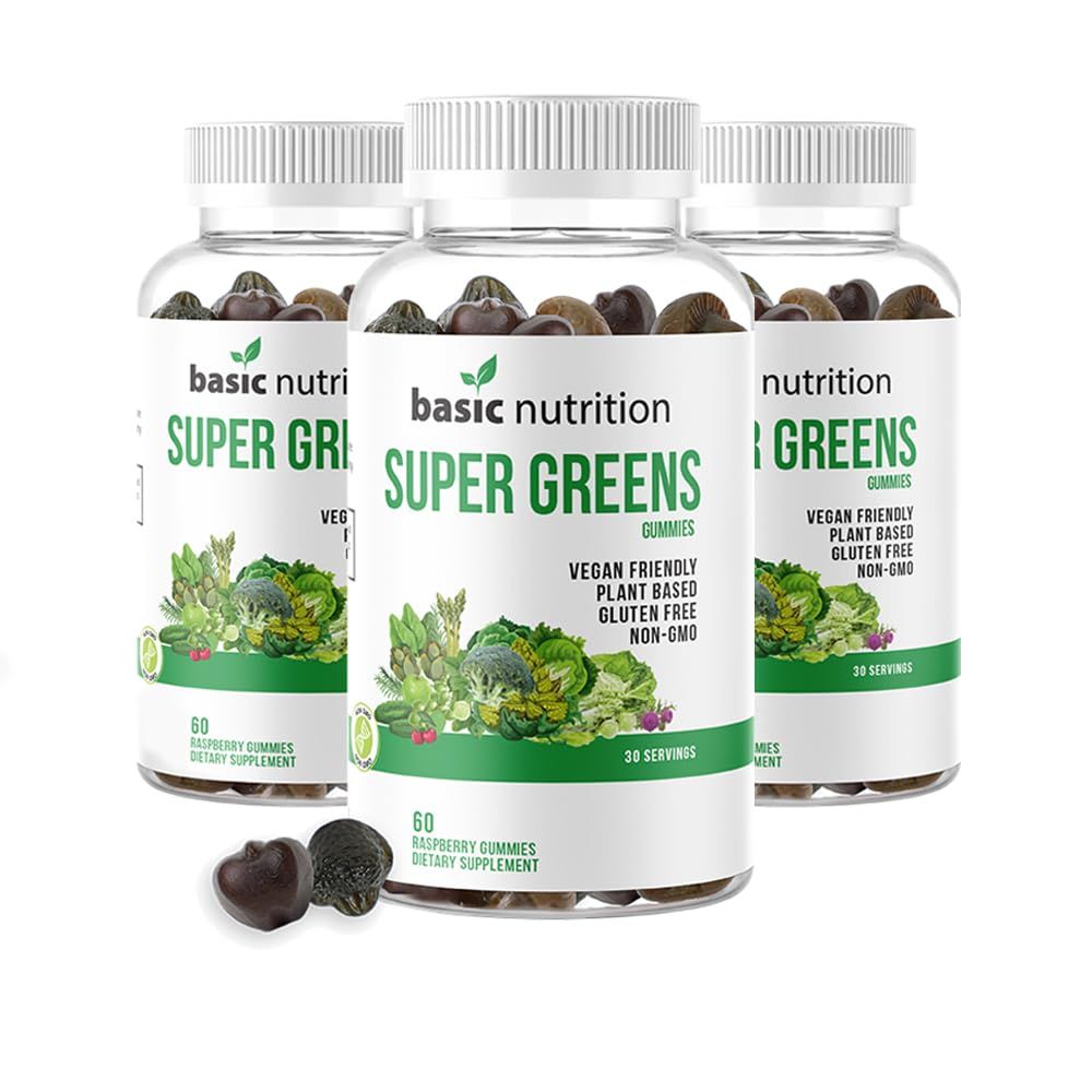 Basic Nutrition SuperGreens Blended Gummies with Essential Vitamins Natural Raspberry Flavor Supports Digestive, Liver Immune Functions Non-GMO Plant-Based, Vegan, Gluten-Free Gelatin Free,
