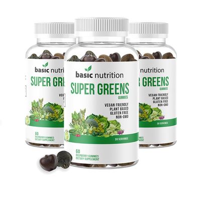 Basic Nutrition SuperGreens Blended Gummies with Essential Vitamins Natural Raspberry Flavor Supports Digestive, Liver Immune Functions Non-GMO Plant-Based, Vegan, Gluten-Free Gelatin Free,