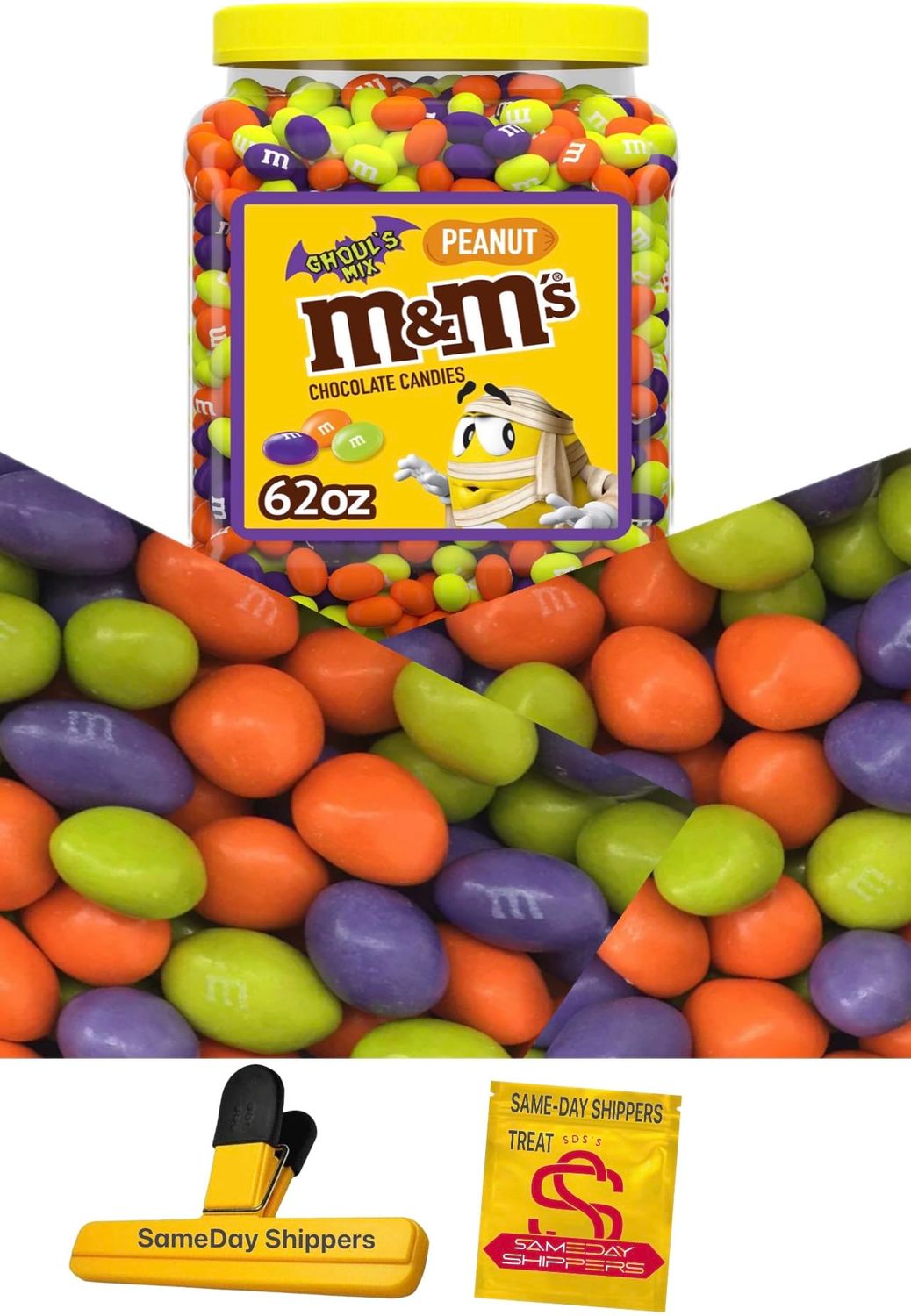 MM&#39;S Peanut Ghoul&#39;s Mix Bulk Chocolate Halloween Candy Resealable Jar (62 oz.) Delicious Roasted Peanut Center Coated in Real Milk Chocolate INCLUDES SameDay Shippers Branded Bag Clig and Treat Bag
