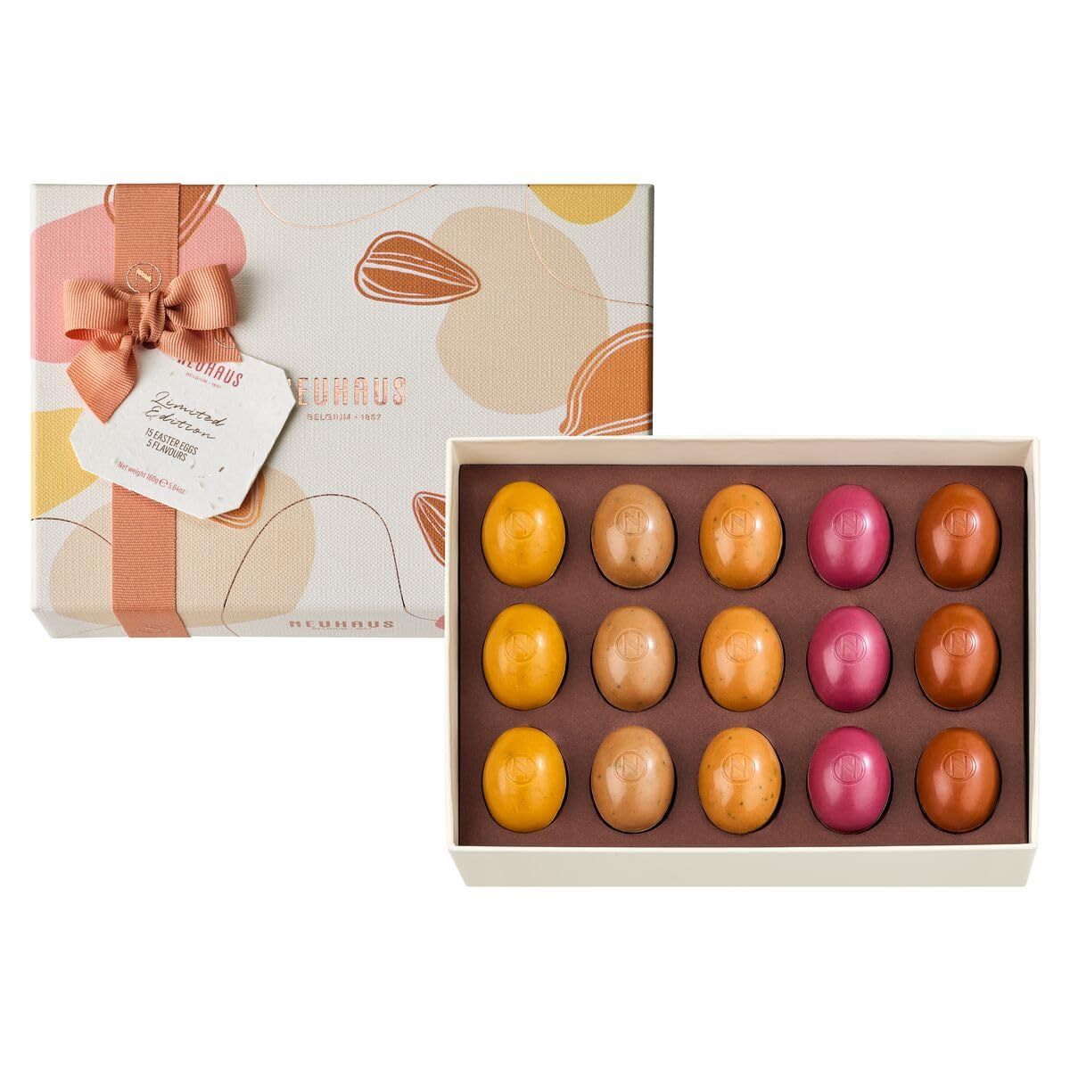 Neuhaus Belgian Chocolate 2025 Limited Edition Spring - 15 Duo Eggs in Milk, White and Dark Chocolate - 5 Limited Edition Flavors witch Crunchy Seeds - Gourmet Easter Chocolate Gift