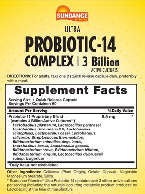 Sundance Probiotic-14 Complex 3 Billion Active Cultures 60 Capsules Non-GMO and Gluten Free Supplement