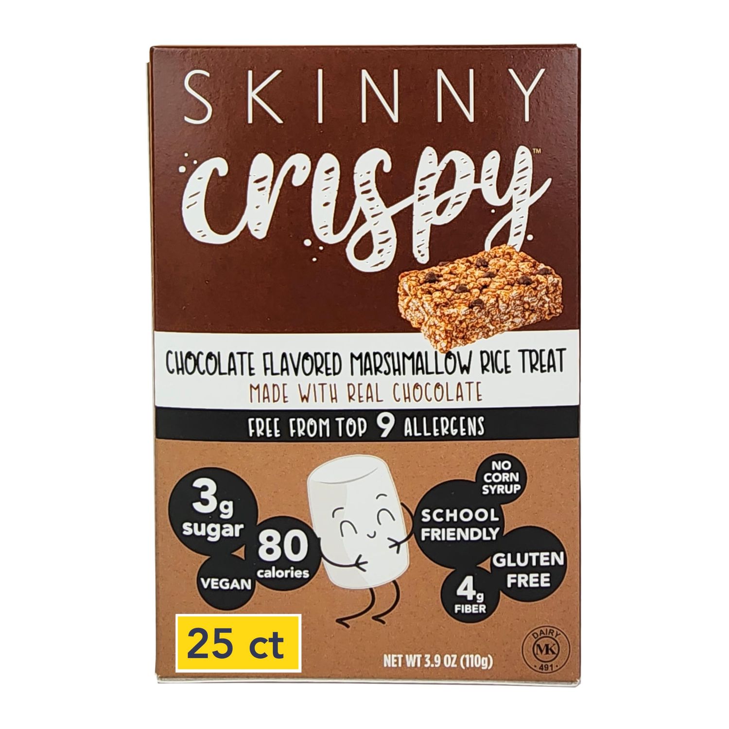 Skinny Crispy Marshmallow Rice Treats, 25 pack, Lower Sugar, Allergen-Free, Kosher, Vegan, Gluten-Free, Kids Breakfast Cereal Snack Bars (Chocolate)