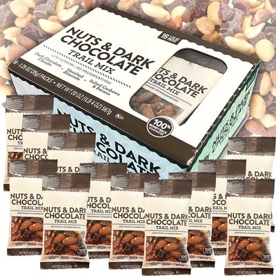 Mixed Nuts Dark Chocolate Trail Mix Almond Cashew Peacan Decadent Dark Chocolate Everyday Snack Travel School Lunch Office Energy Booster Kids Adults (16 Pouch Bags (1.25 oz Each), Nuts Chocolate)
