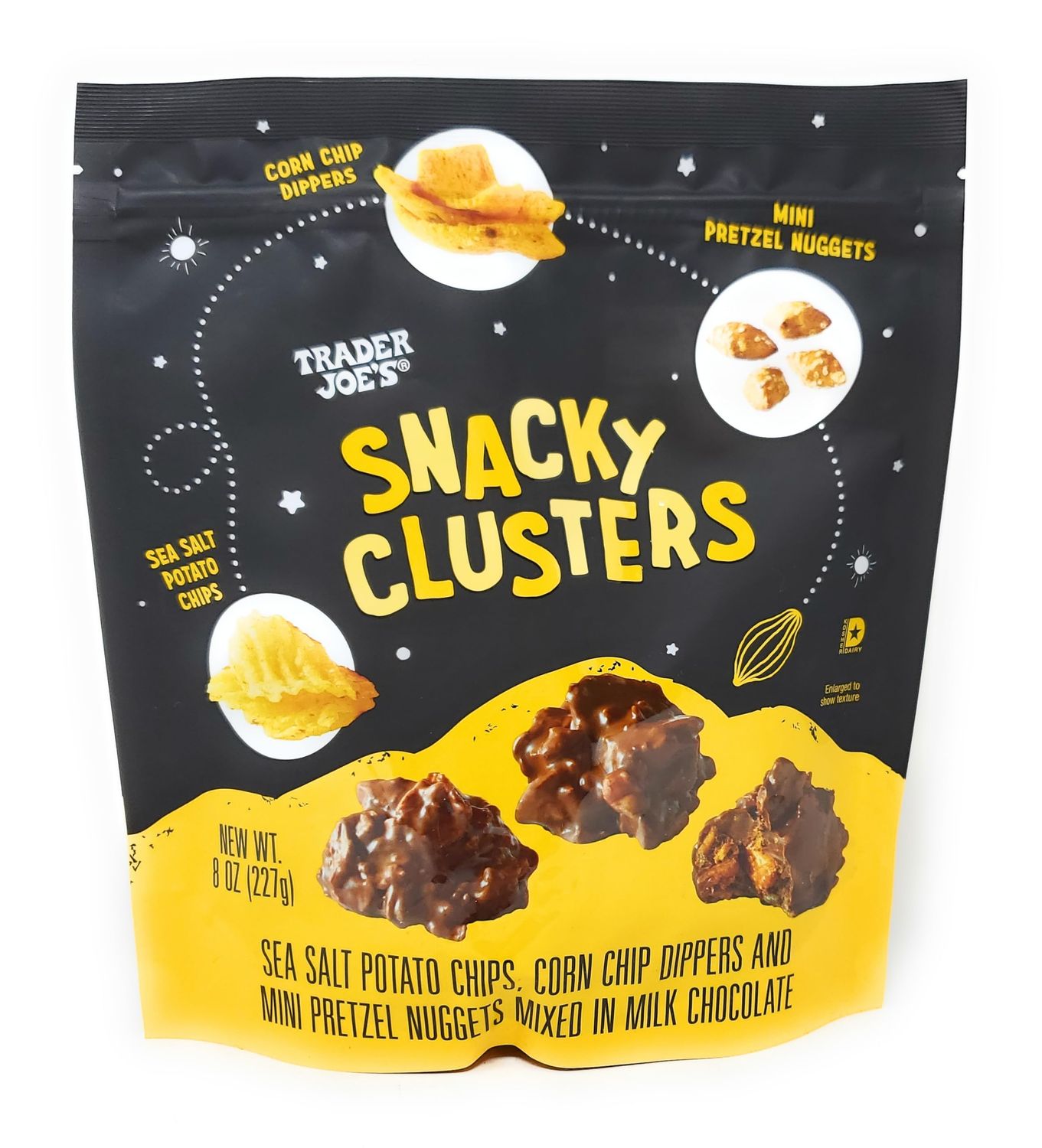 Snacky Clusters Sea Salt Potato Chips, Corn Chip Dippers and Mini Pretzel Nuggets Mixed in Milk Chocolate by Trader Joes 8 oz227g (Pack of 1)