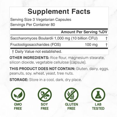 Saccharomyces Boulardii FOS, 10 Billion CFU, 240 Veggie Capsules - Probiotics Prebiotics for Women Men - Gut Digestive Health Supplement - Non-GMO