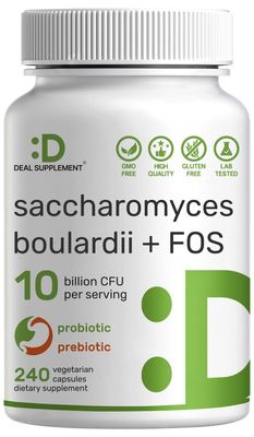 Saccharomyces Boulardii FOS, 10 Billion CFU, 240 Veggie Capsules - Probiotics Prebiotics for Women Men - Gut Digestive Health Supplement - Non-GMO