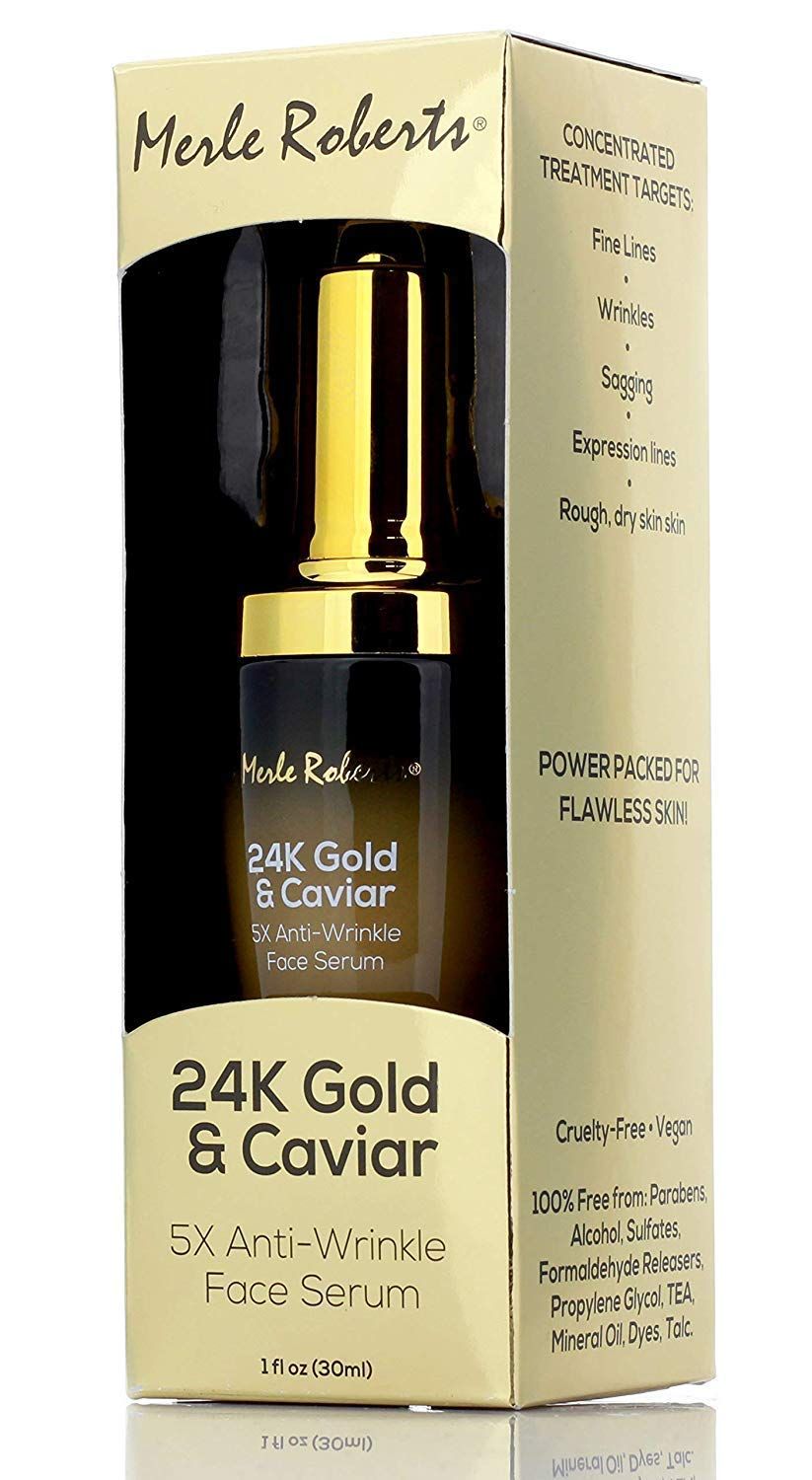 Merle Roberts 24k Gold and Caviar Serum Premium Anti-Aging Serum for Wrinkles, Fine Lines, and Expression Lines. Cruelty-Free Hydrating Anti-Wrinkle Facial Serum for Plump, Firm Skin, 1 oz.