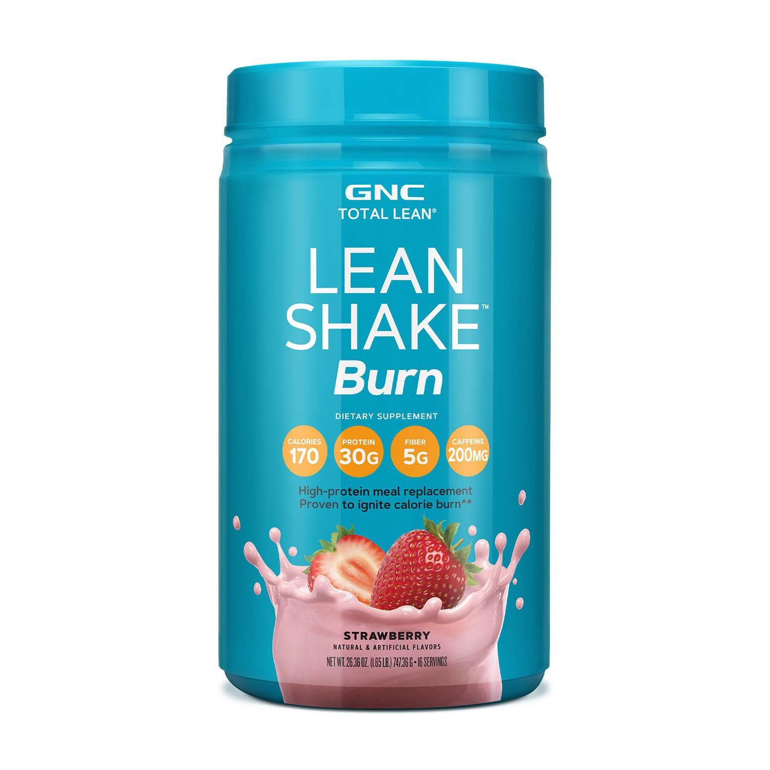 GNC Lean Shake Burn Meal Replacement Powder with Caffeine, For Weight Management and Metabolism Boost, With 30g Protein, High Fiber, Keto, Proven Thermogenic, Strawberry, 16 Servings