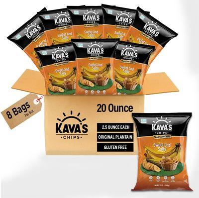 Kava&#39;s Plantain Chips, Sweet Salty Chips - 8 Packs Vegan Gluten Free Chips Bulk Plantain Chips, Healthy Snacks, Delicious Original Plantains Chips Bulk Chips 2.5 Oz each Pack