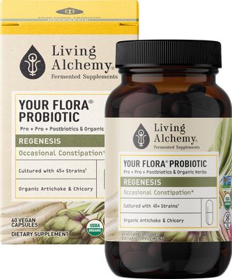 Your Flora Probiotic Regenesis - Non-GMO Probiotics with Fermented Soybean, Artichoke, Chicory for Gut Wellness Bowel Support - Prebiotics, Postbiotics, Digestive Enzymes - Living Alchemy, 60 Pcs