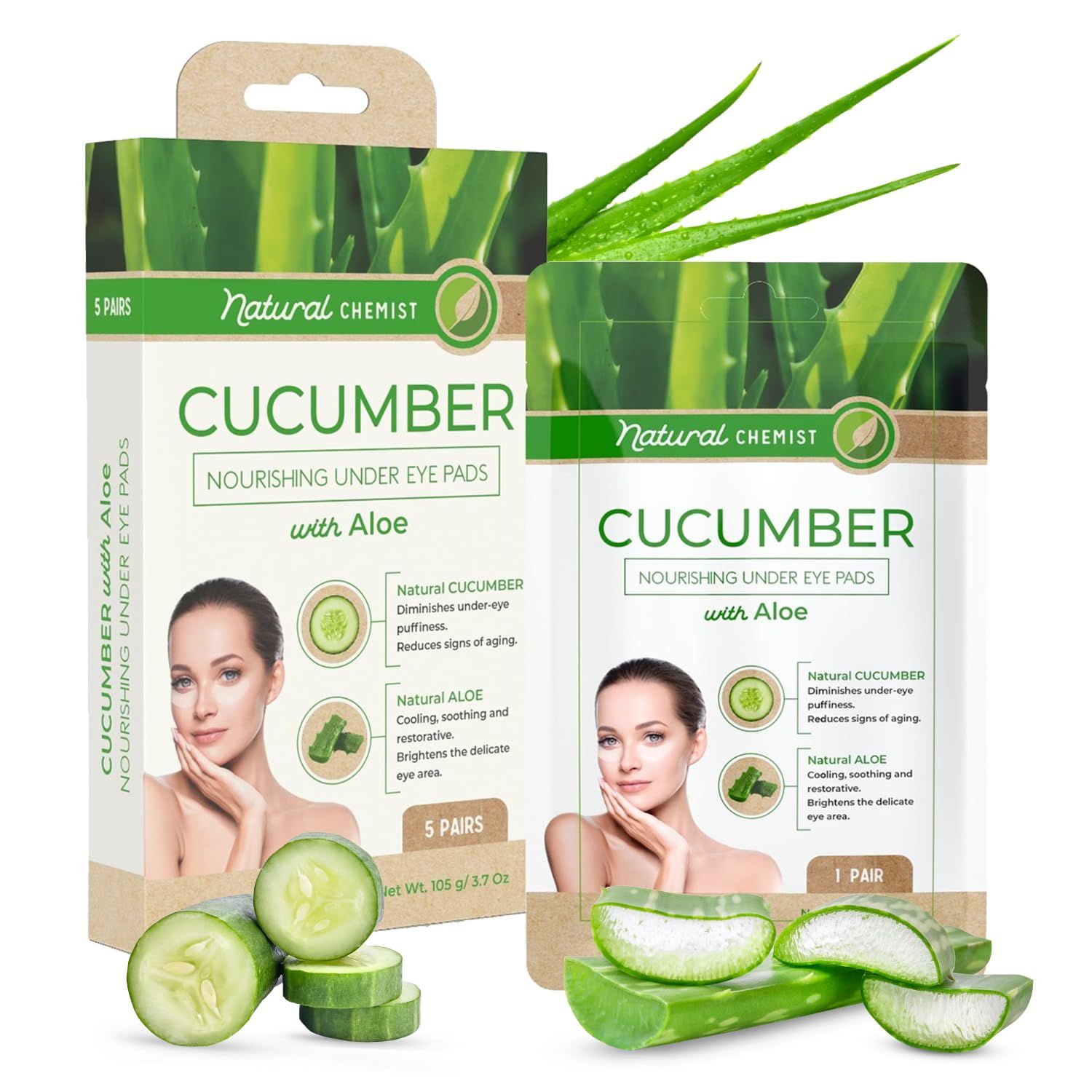 Natural Chemist Cucumber Aloe Under Eye Patches - Cooling, Reduces Puffiness, Anti-Aging, Hydrating, Dermatologist Tested, Cruelty Free Korean Skin Care For All Skin Types - 5 Pairs