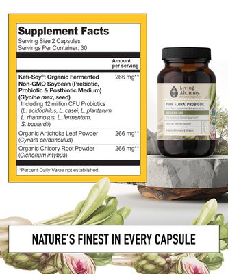 Your Flora Probiotic Regenesis - Non-GMO Probiotics with Fermented Soybean, Artichoke, Chicory for Gut Wellness Bowel Support - Prebiotics, Postbiotics, Digestive Enzymes - Living Alchemy, 60 Pcs