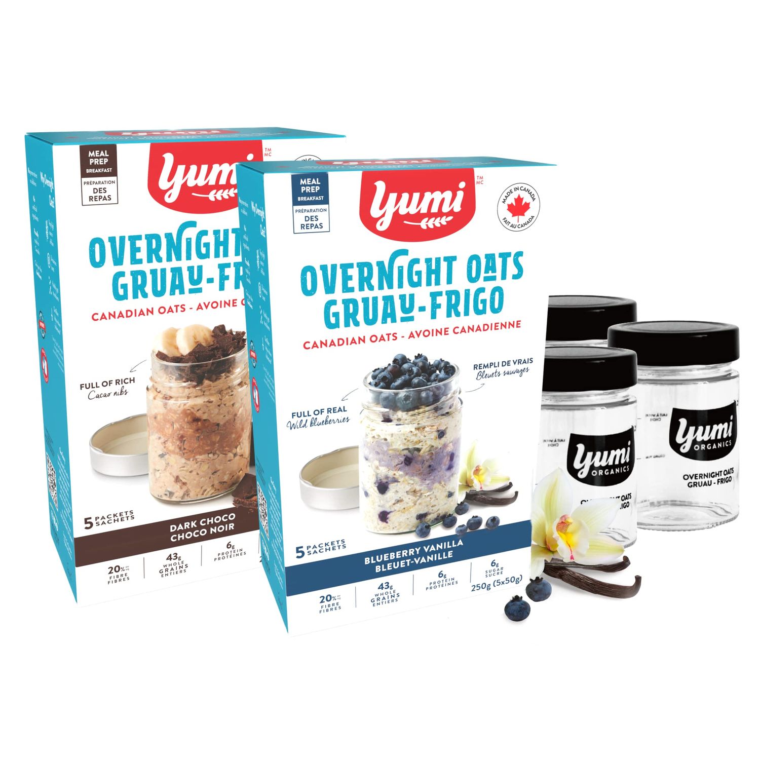 Yumi Organics - Overnight Oats Routine Kit, High Protein, High Fiber, Low Sugar Organic Oatmeal (6 Free Glass Meal Prep Jars)