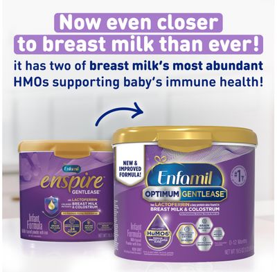 Enfamil Optimum Gentlease Baby Formula, Our Closest Formula to Breast Milk For Fussiness, Crying, Gas Spit-up, Immune-Supporting Lactoferrin also found in Breast Milk, 19.5 Oz