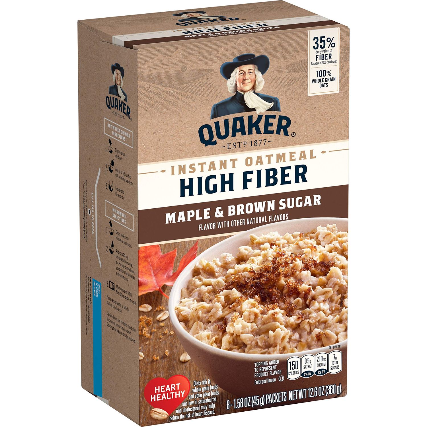 Quaker, High Fiber Instant Oatmeal, Maple Brown Sugar, 8 Ct