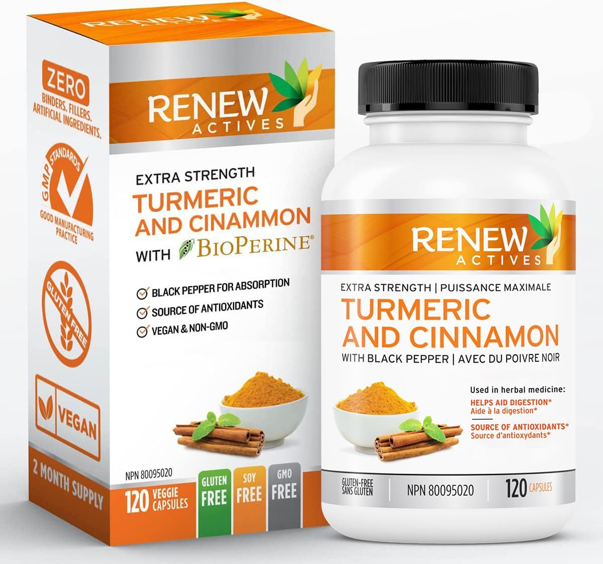 Renew Actives Organic Turmeric 474MG Cinnamon 50MG per 2 Capsules - with Curcumin BioPerine for Absorption - Supports Metabolism, Joint Health Digestion - Made in Canada - 120 Capsules