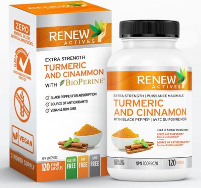 Renew Actives Organic Turmeric 474MG Cinnamon 50MG per 2 Capsules - with Curcumin BioPerine for Absorption - Supports Metabolism, Joint Health Digestion - Made in Canada - 120 Capsules