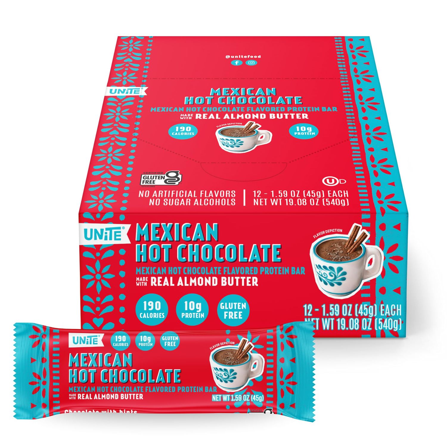 UNiTE Mexican Chocolate Protein Bars, 12 Pack, 1.59 Oz a Bar, 10g Protein, No Artificial Sweeteners, Almond Butter, Real Ingredients, Gluten and Soy Free, Portable Snack for Office, Gym, or School