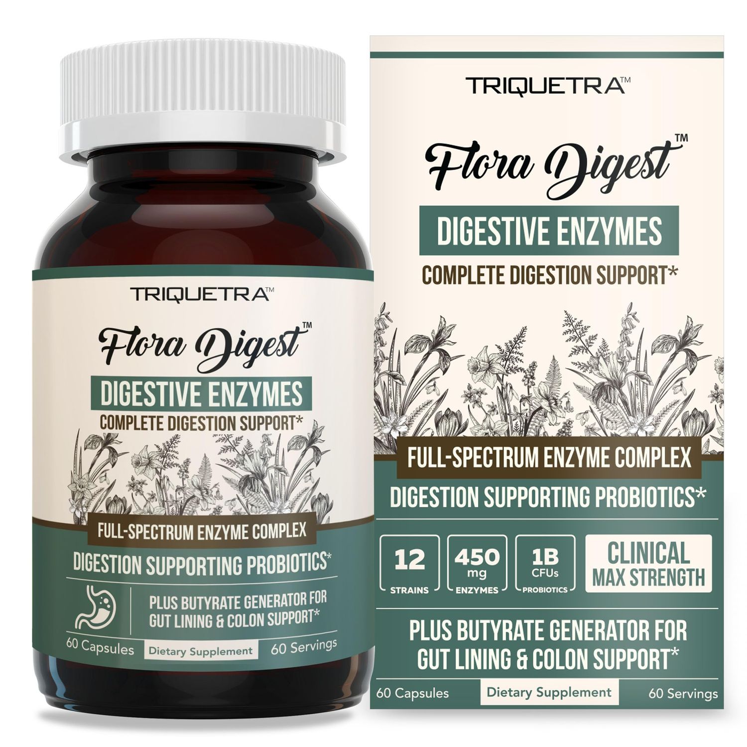 Flora Digest - 3-in-1 Max Strength Digestive Enzymes Gut Surviving Probiotics ButyraGen Postbiotic for Optimal Digestion, Bloating Relief, Regularity, Gut Lining Colon Support - (60 Capsules)