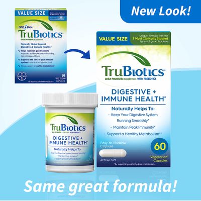 TruBiotics Probiotics for Digestive Immune Health, Supports Regularity Helps Relieve Abdominal Discomfort, Gas Bloating, 2 Clinically Studied Probiotic Strains, Plus Prebiotics, 60 Capsules
