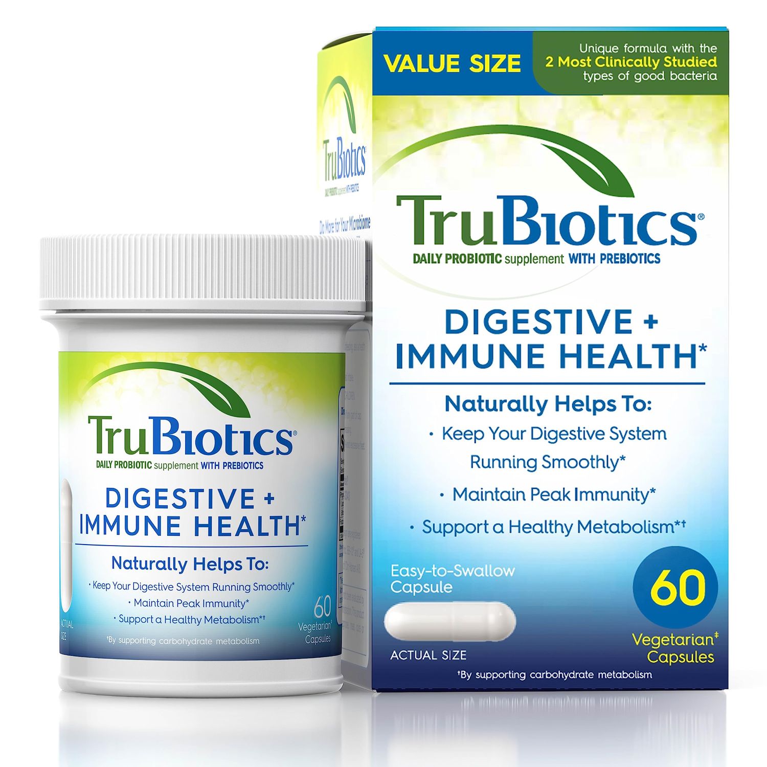 TruBiotics Probiotics for Digestive Immune Health, Supports Regularity Helps Relieve Abdominal Discomfort, Gas Bloating, 2 Clinically Studied Probiotic Strains, Plus Prebiotics, 60 Capsules