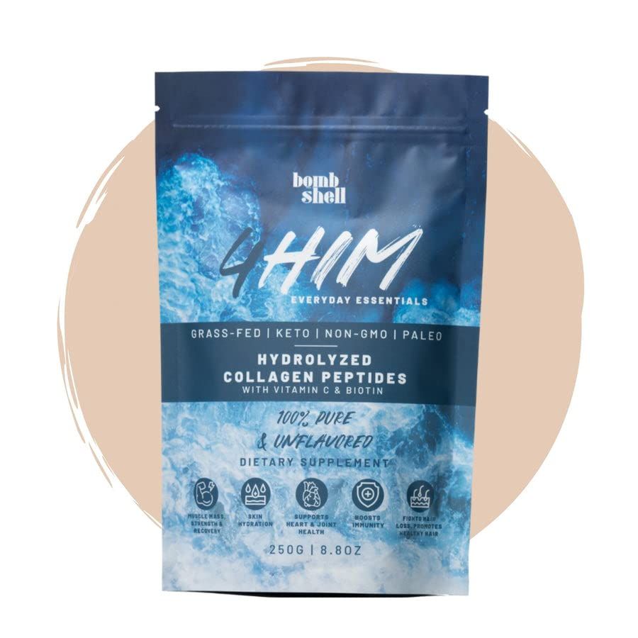 BOMBSHELL 4HIM Bovine Protein Collagen Peptides for Him with 18 Amino Acids, Vitamin C, and Biotin, 8.8oz