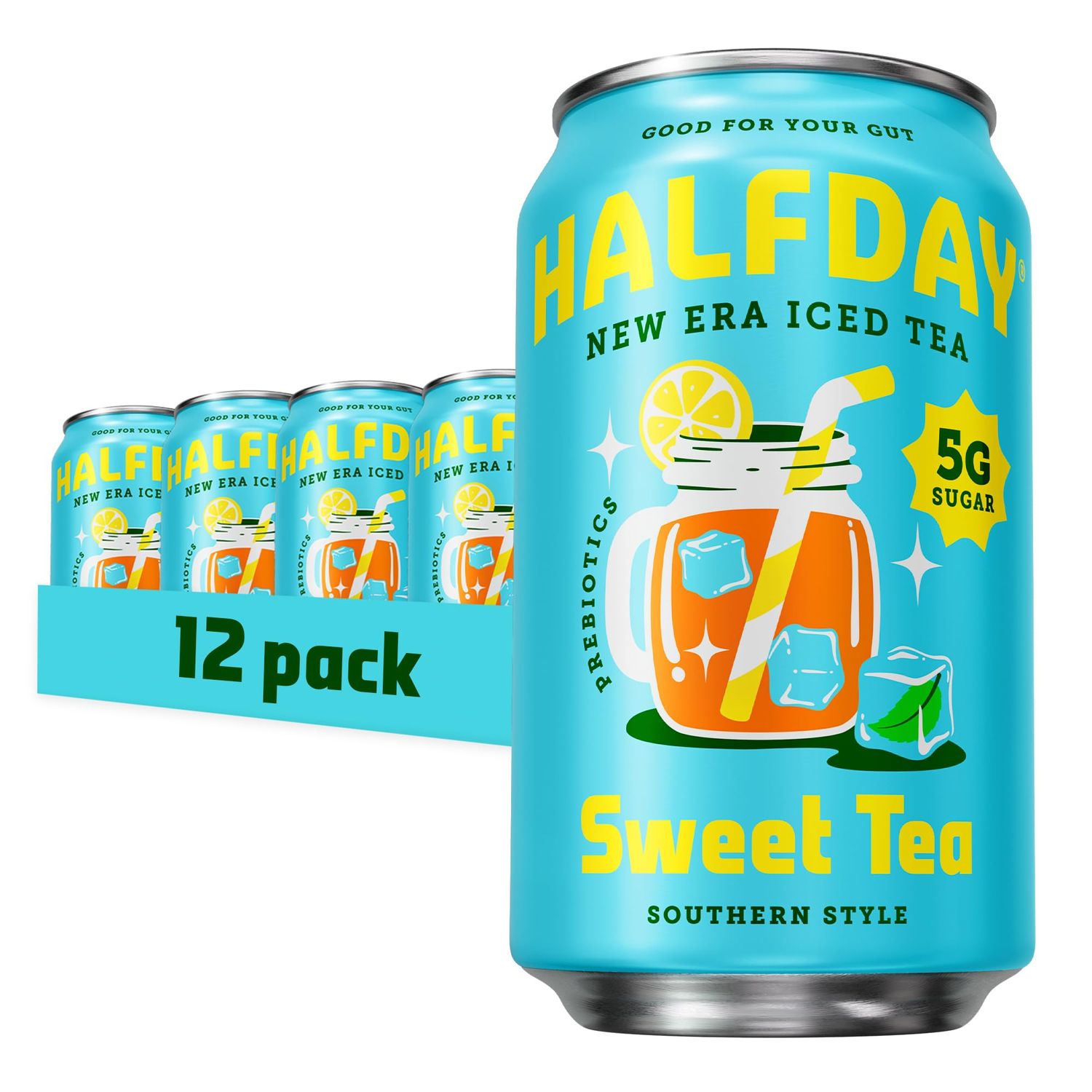 HALFDAY Prebiotic Sweet Tea Iced Tea Cans, Supports Digestive Gut Health, 6g Plant Fiber Prebiotics, 5g of Sugar, 35 Calories, Organic Tea, Natural Caffeine, Gluten Free, Keto, 12 fl oz (12 pack)