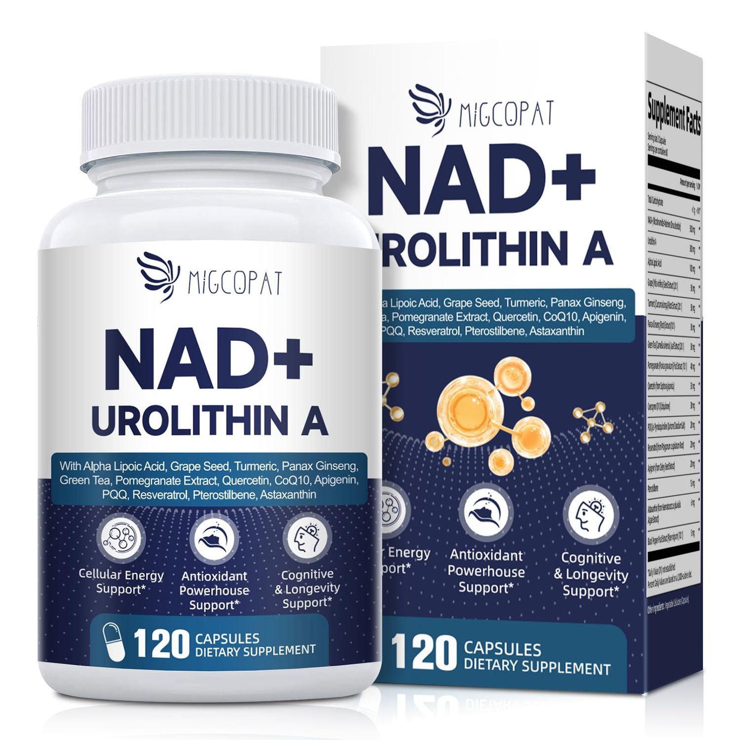 Migcopat NAD Supplement for Women Men with Urolithin A, Resveratrol, PQQ, Alpha Lipoic Acid, Quercetin NAD Supplement for Anti Aging, Energy, Antioxidant, Metabolism Support, 120 Capsules