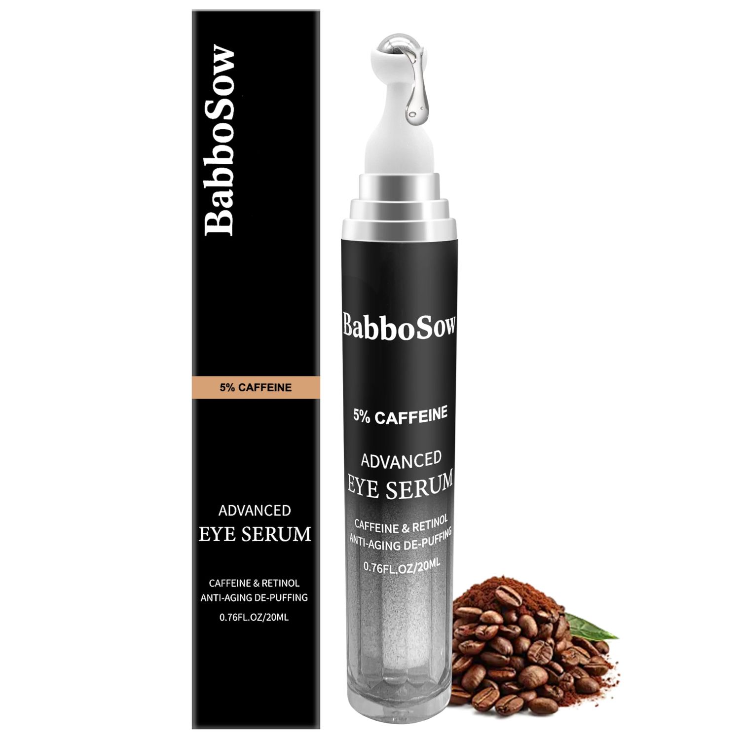 5 Caffeine Eye Serum, Anti-Aging Eye Cream with 360 Massage Roller, Eye Serum for Dark Circles and Puffiness, Reduces Fine Lines and Puffiness Under the Ryes, 20ML, For Men and Women.