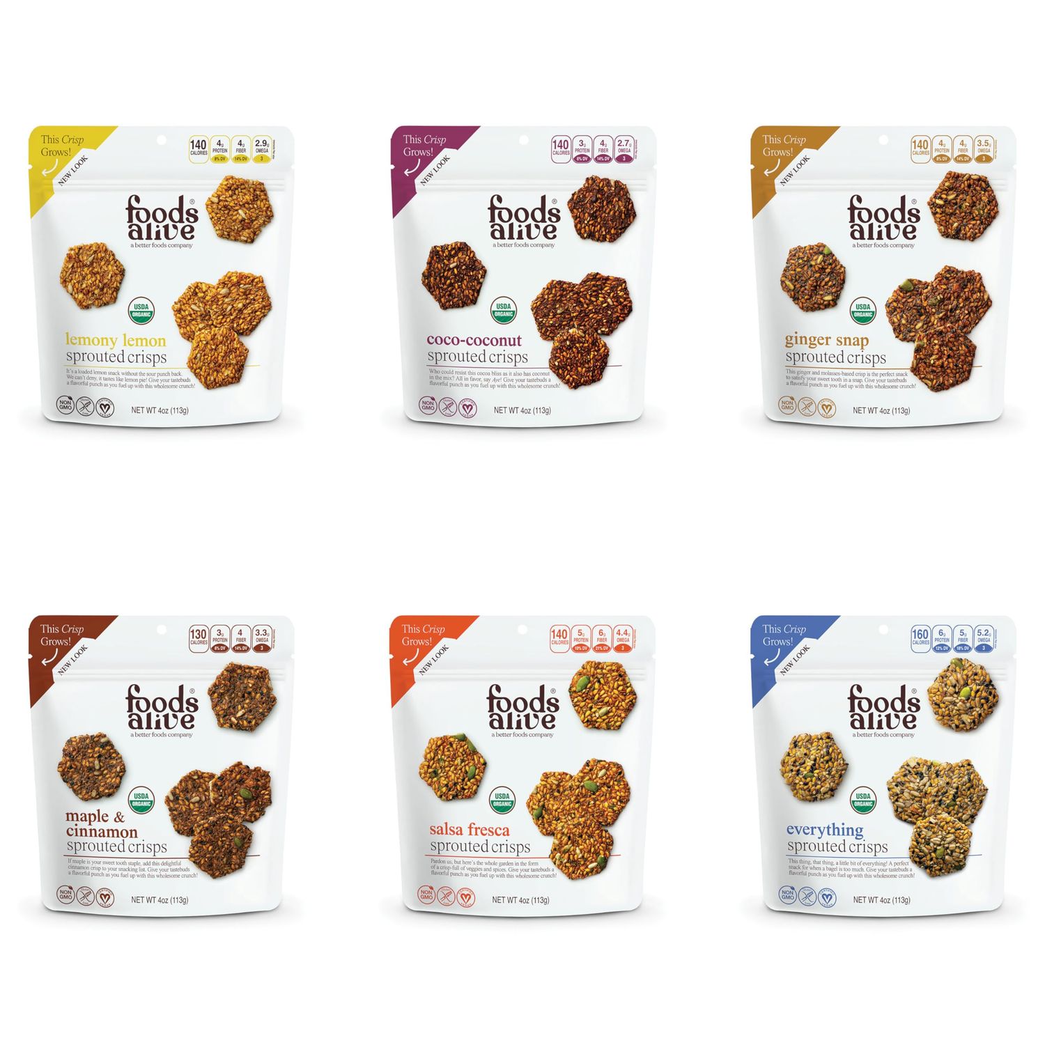 Foods Alive Sweet Savory Organic Sprouted Crisps Bundle (6 flavors), 4oz, Gluten Free Crackers