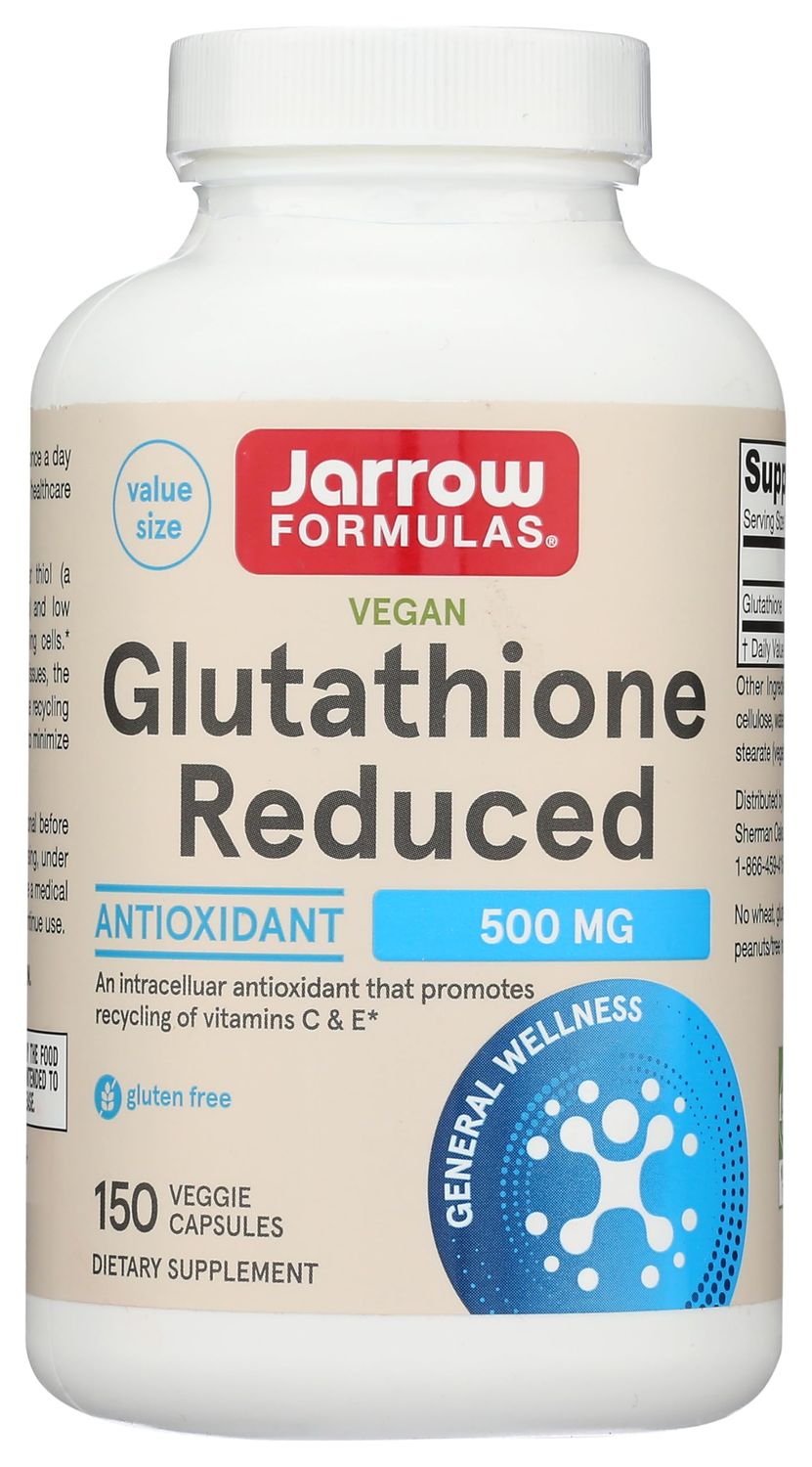 Jarrow Formulas Glutathione Reduced 500 mg - 150 Veggie Capsules - Intracellular Antioxidant - Quality Glutathione Supplements - Supports Recycling of Vitamins C E - Non-GMO - Gluten Free - Vegan