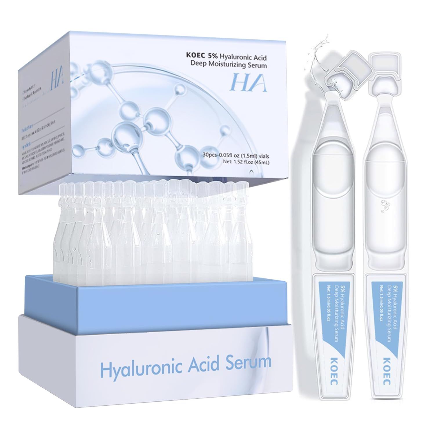 5 Hyaluronic Acid Serum,Ultra Hydrated Vial of Hyaluronic Acid Tubes Awaken Natural Perfection for Face Serum Hydrated Anti-Aging, Deep Moisturizing, Revitalizing Skin (1.5ml30Pcs)